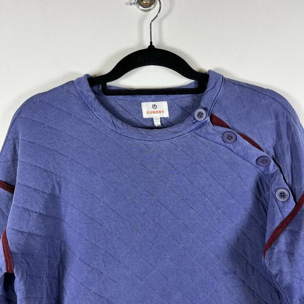 Sundry Quilted Asymmetric Button Closure Cropped Blue Sweatshirt Sz XS Oversized - Image 4