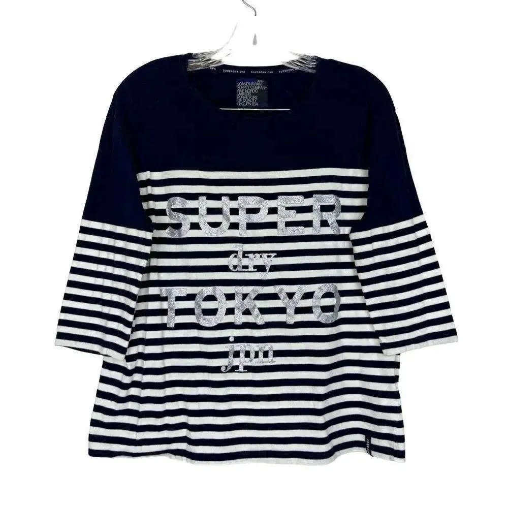 Superdry JPN Nordic Half Sleeve Top S Striped Blue White Glitter Spell Out Logo - Image 2