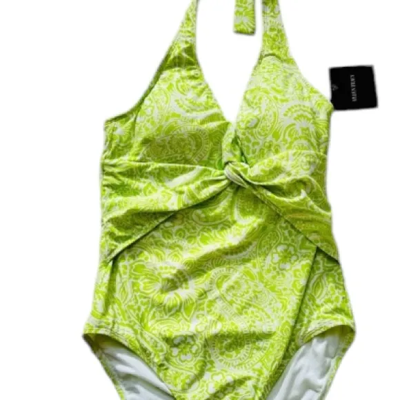NWT ELLEN TRACY HALTER NECK PAISLEY FLORAL LIME ONE PIECE SWIMSUIT 10 - Image 4