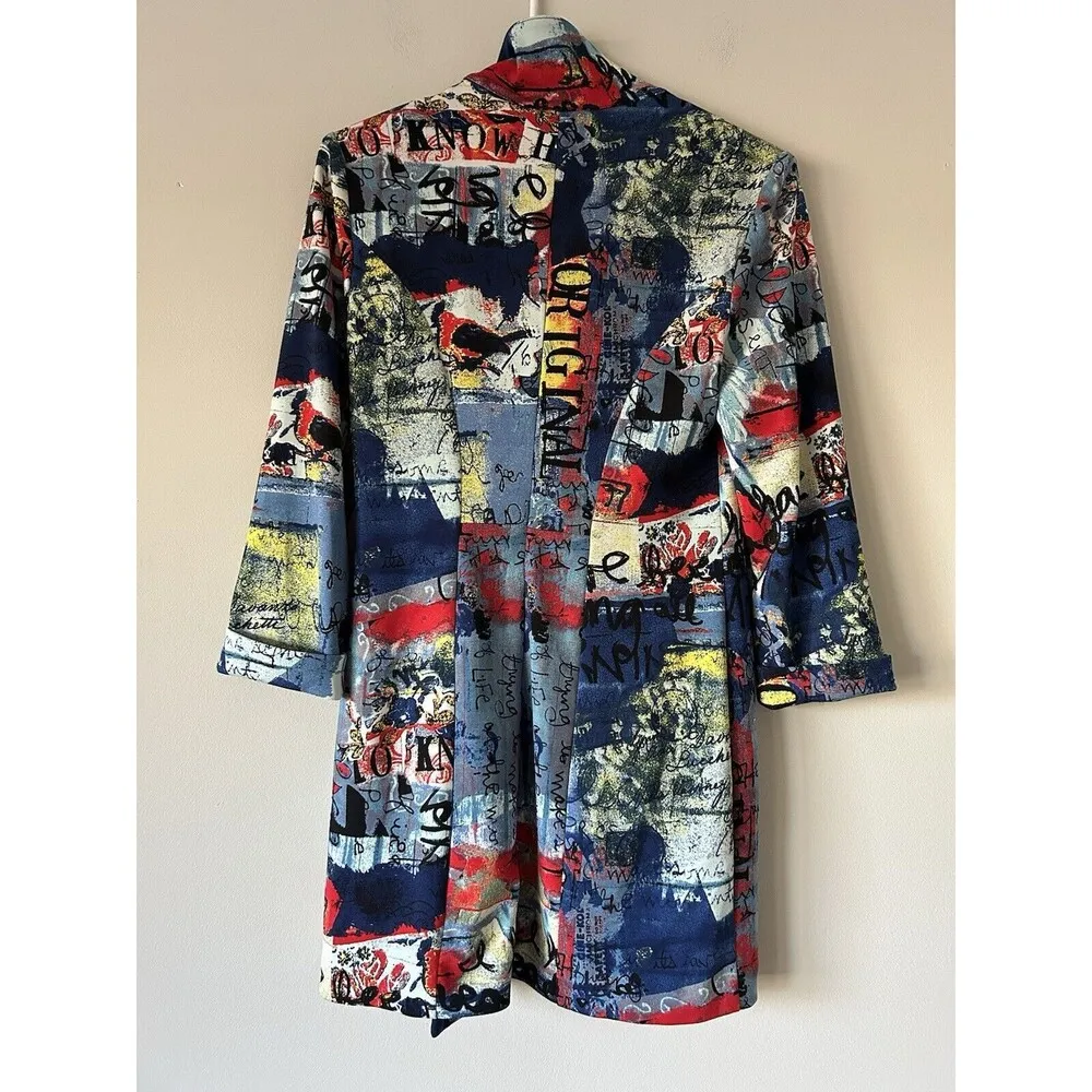 Frank Lyman Blue/Red Abstract Print Open Front Blazer Size 4 Art To Wear Luxury Blue - Image 3