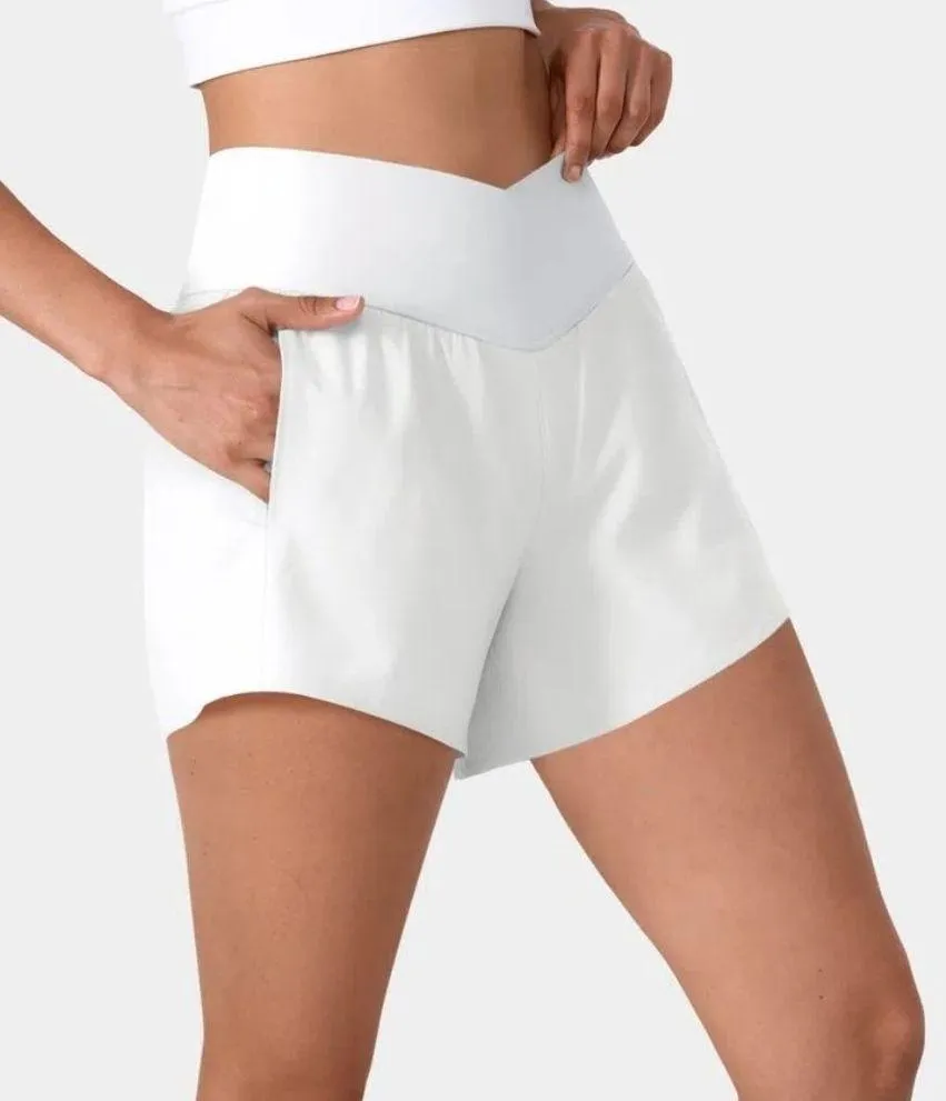 Halara Breezeful High Waisted Crossover Pocket Quick Dry Yoga Shorts 4" White S - Image 3