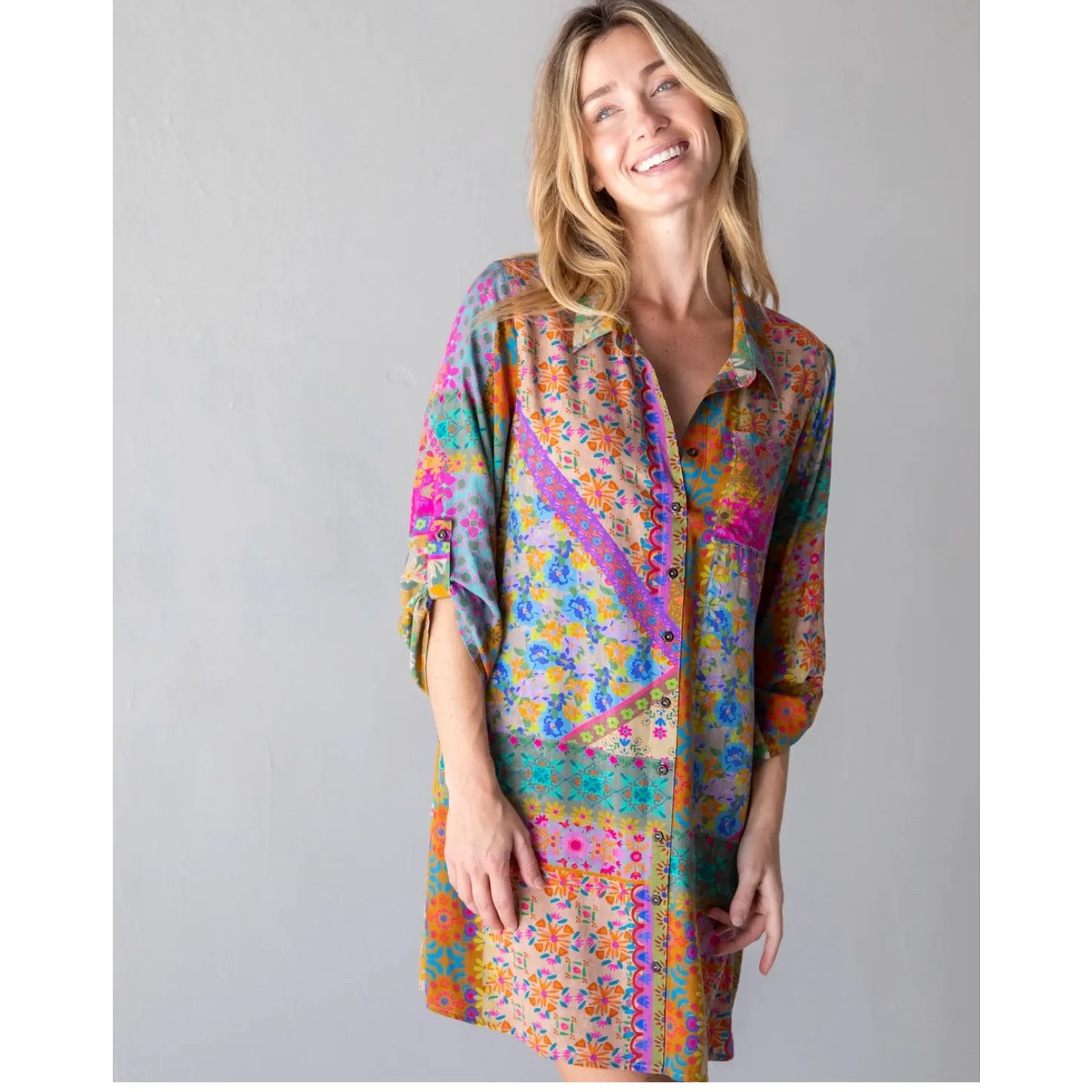 Natural Life Multicolor Pink Turquoise Floral button Down Shirt Dress Boho - Image 2