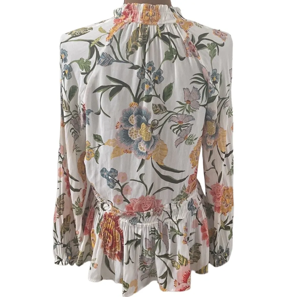 Loft floral high smocked neckline ruffled peplum blouse with front tie size S - Image 2