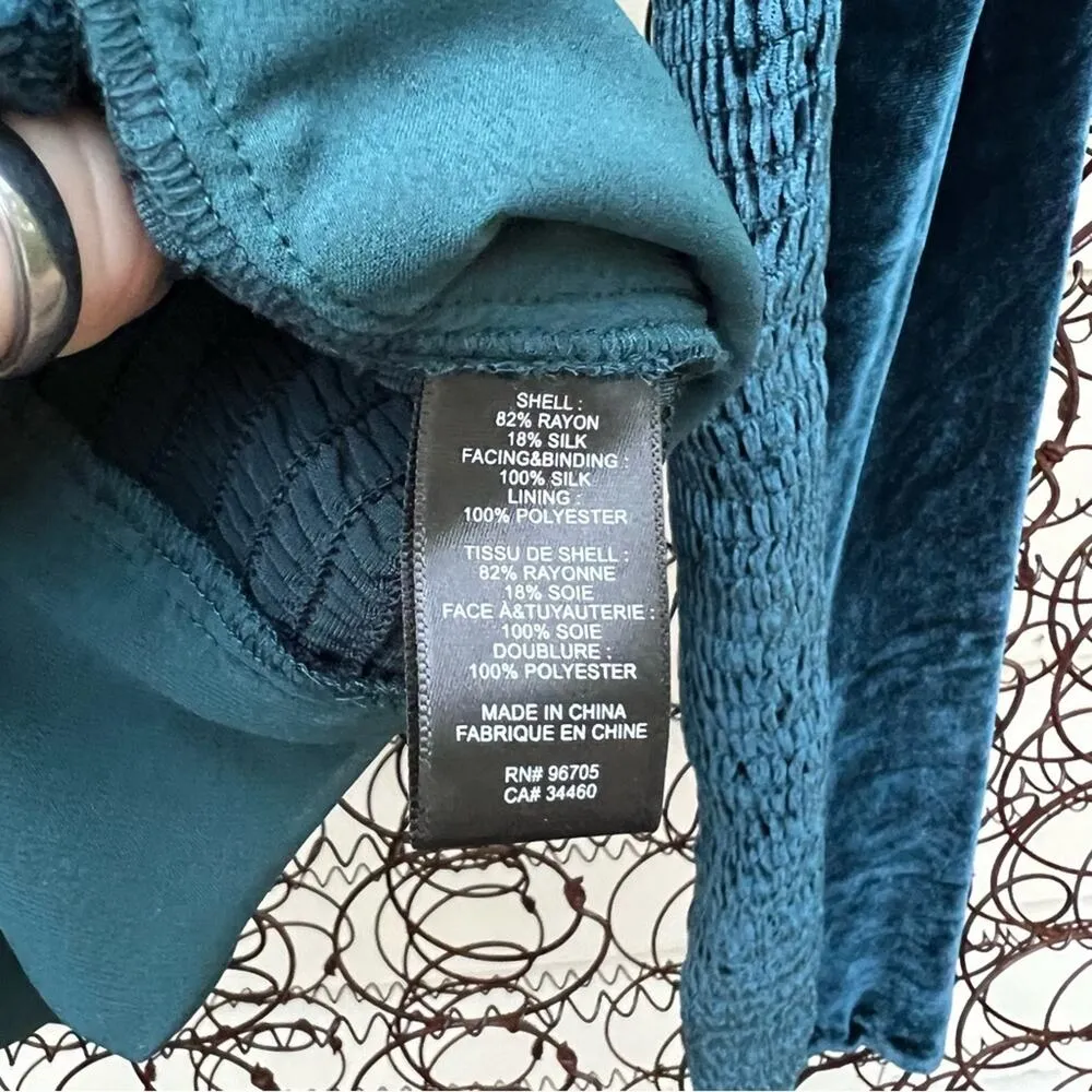 Rebecca Taylor Velvet Smocked Long Sleeve Top Silk Storm Green Blue NWT Size 2 - Image 7