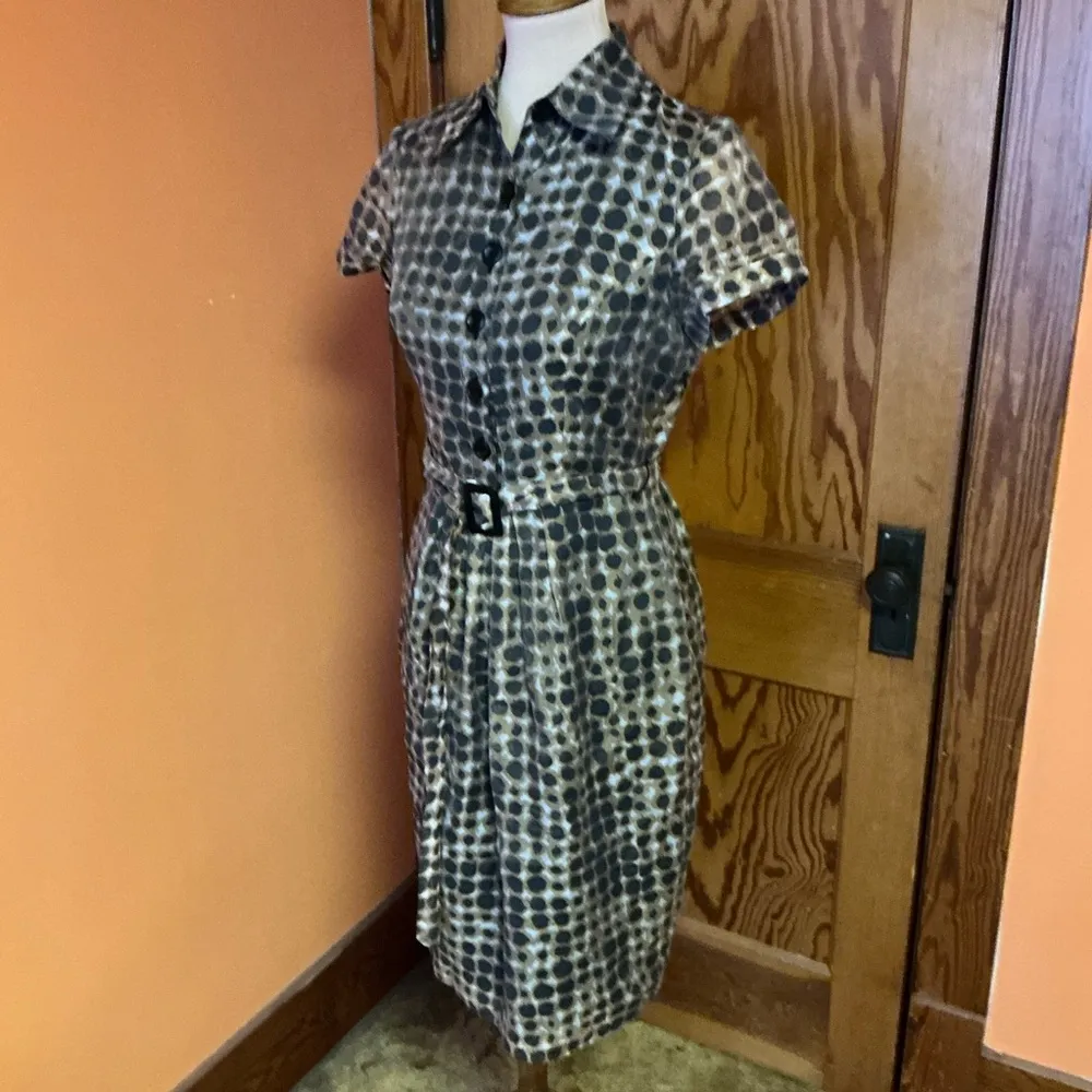 Adrianna Papell Polka Dot Belted Midi Dress Retro Inspired Neutral Tones - Image 10