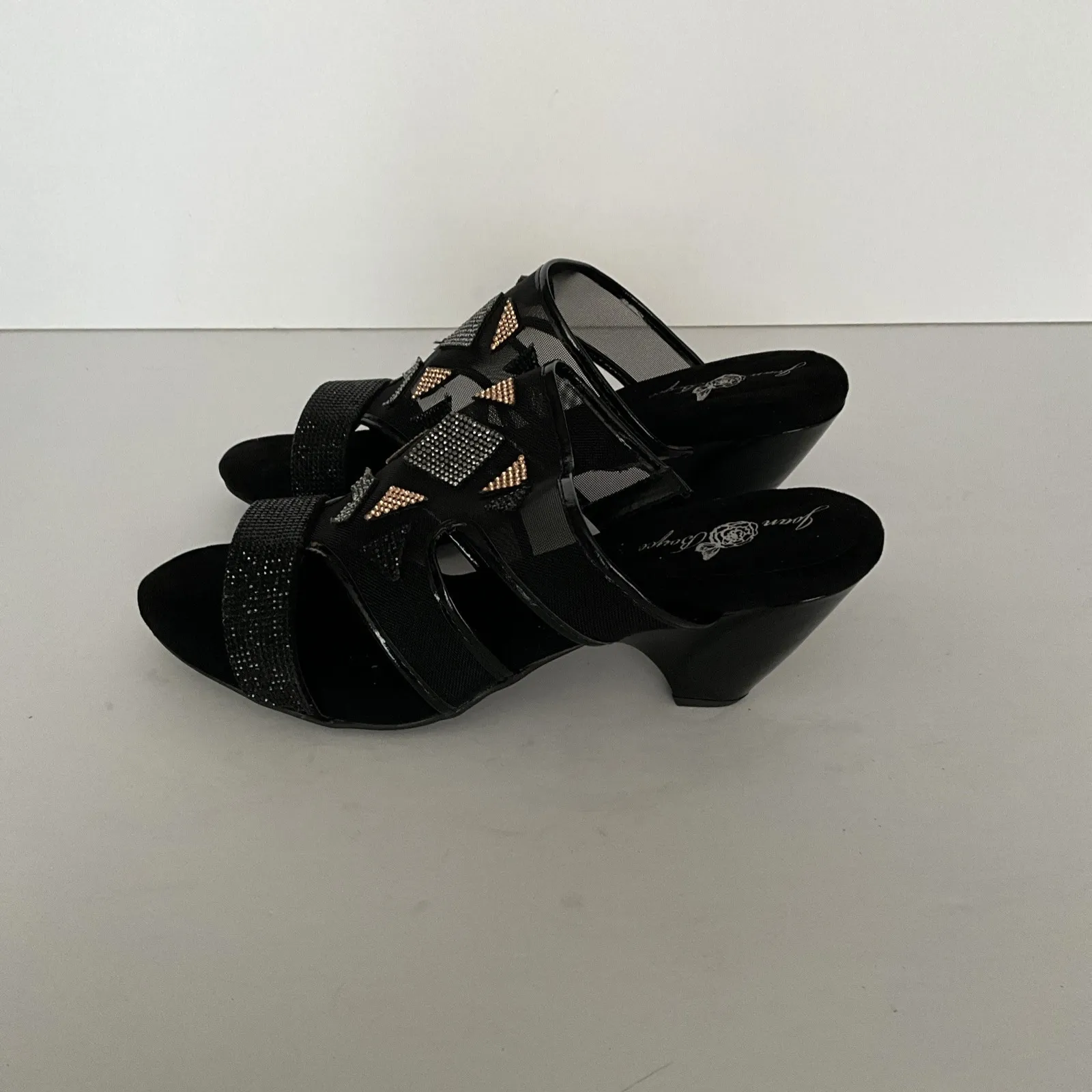 Joan Boyce‎ Sandals Rhinestone Studded Mesh Heels Slide Party Casual Size 8 Wide Black - Image 6