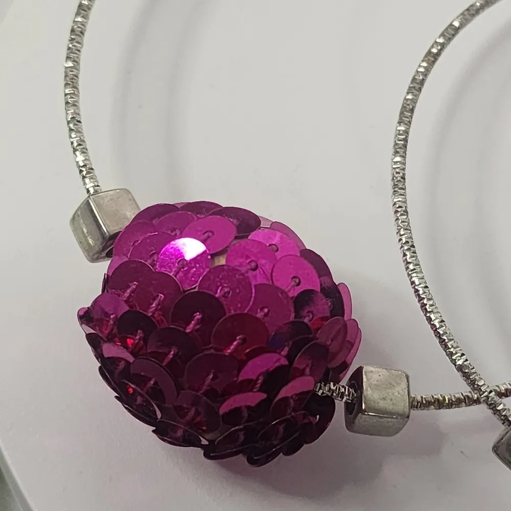 Large Silver Statement Hoop Earrings with Fuchsia Pink Sequin Disco Ball New - Image 4