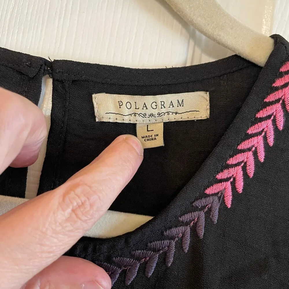 Polagram black top with colorful embroidery at the chest,hem and sleeves. Sz L - Image 3