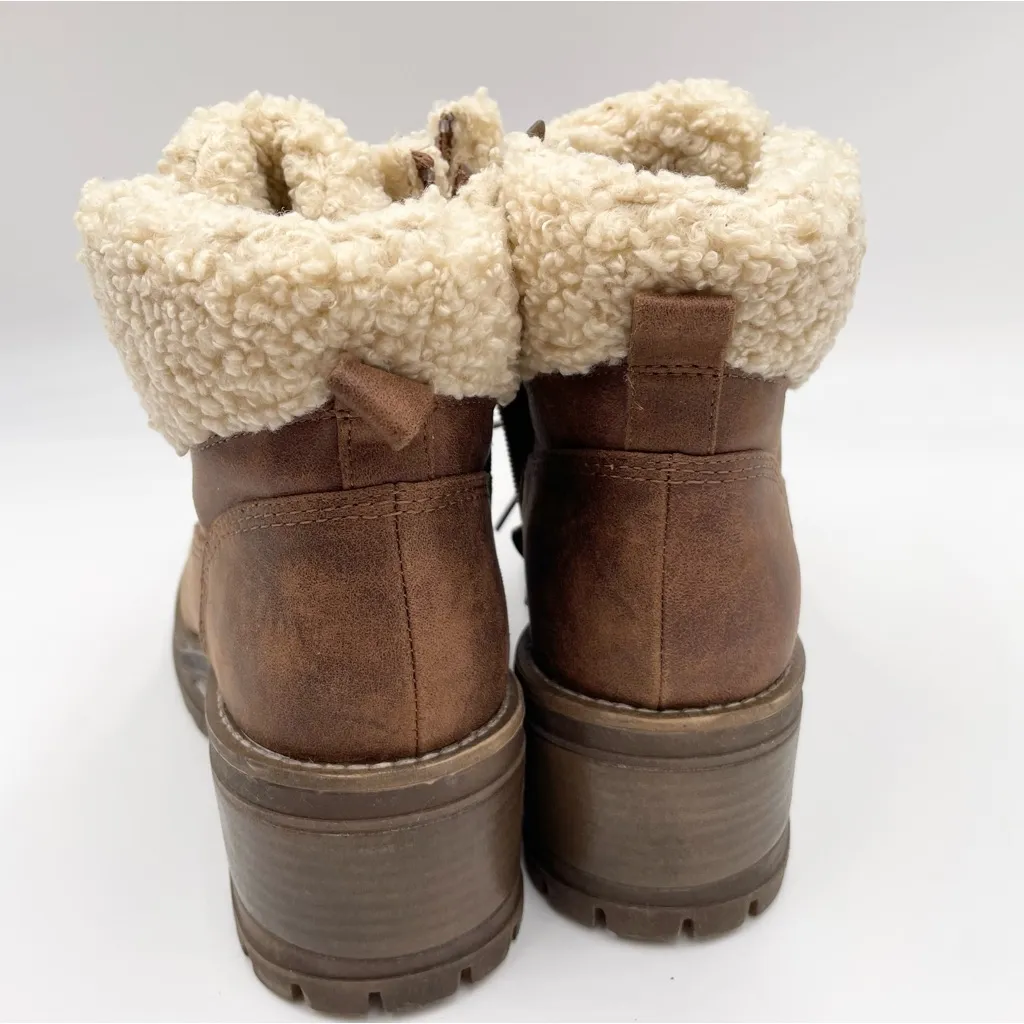 Fergie Genesis Wedge Heel Ankle Boots Women's Size 9.5 Faux Leather Fur Trim Tan Brown - Image 5