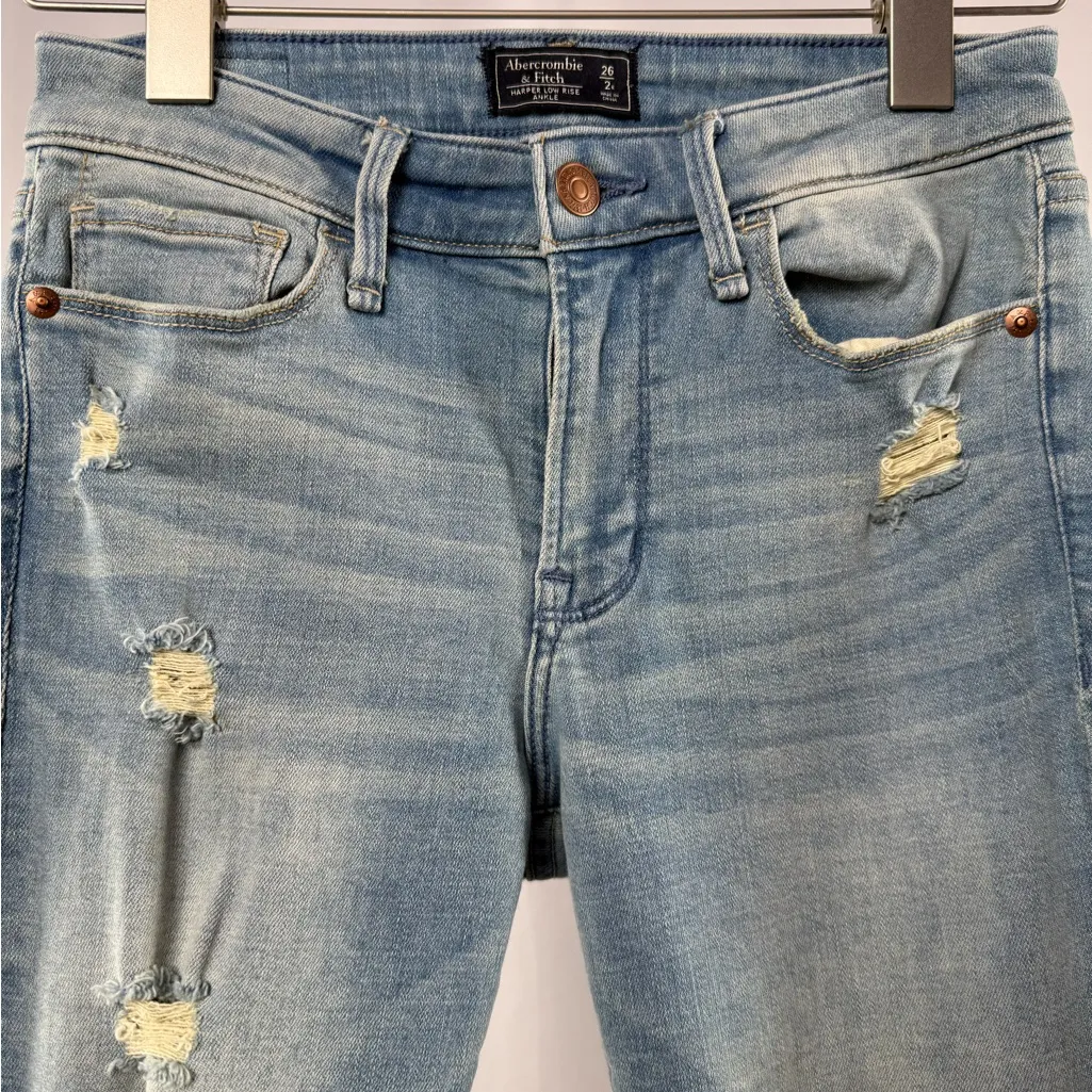 Abercrombie & Fitch Harper Low Rise Ankle Raw Hem Jeans in Distressed Blue 26 2 - Image 3