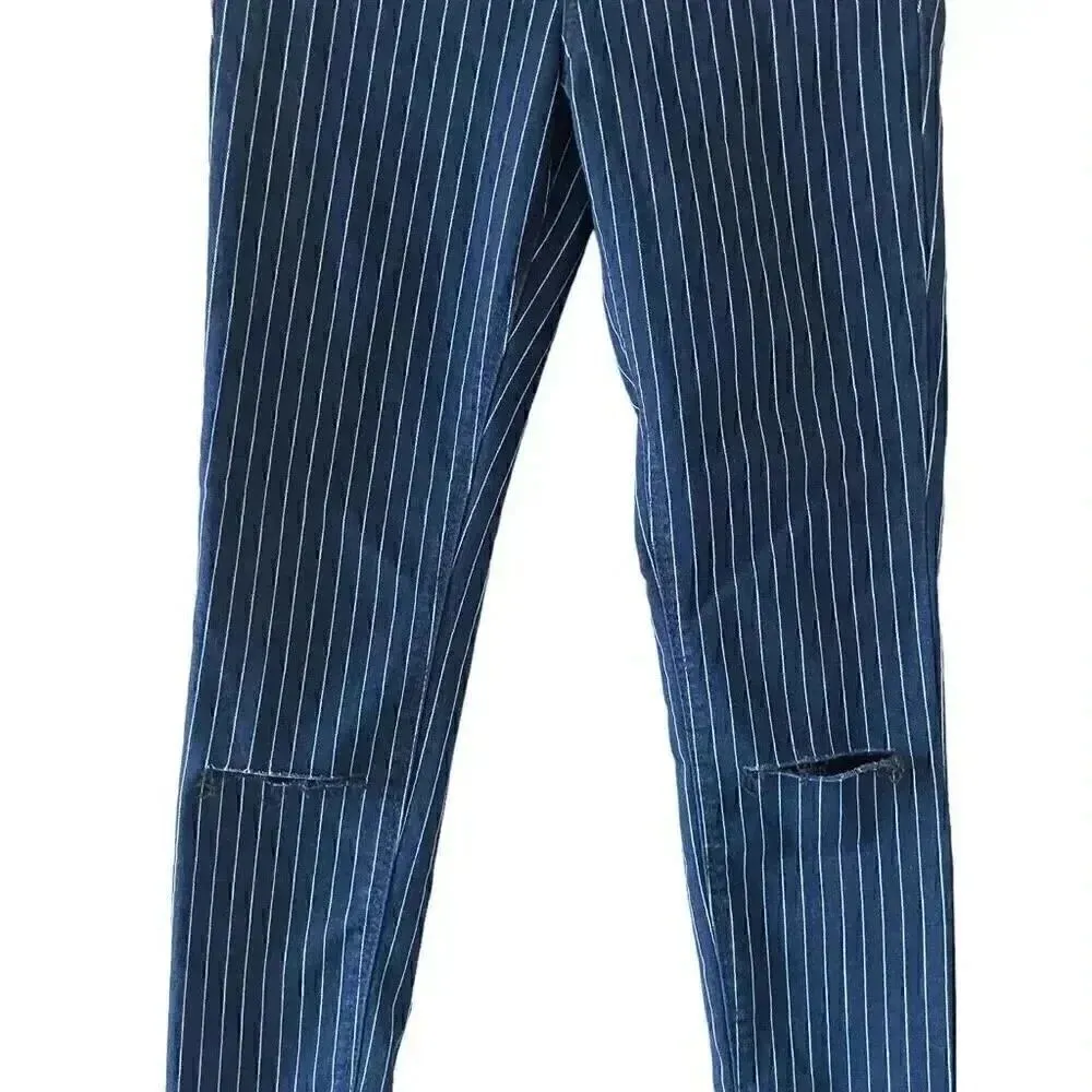 NWT Zara Trafaluc Stretch Navy Stripes Denim Slim Fit Distressed Ankle 6 #1131 - Image 3