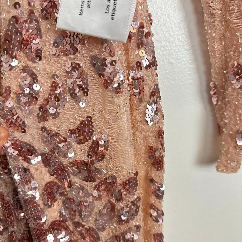 MAC DUGGAL Embellished Long Sleeve Evening Gown in Rose Gold Size US 6 - Image 8