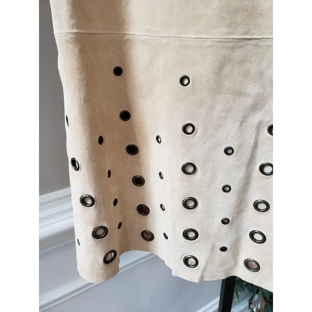 Terry Lewis Mini Skirt Women Size 18P Beige Solid Leather Grommet Lined Side Zip - Image 4