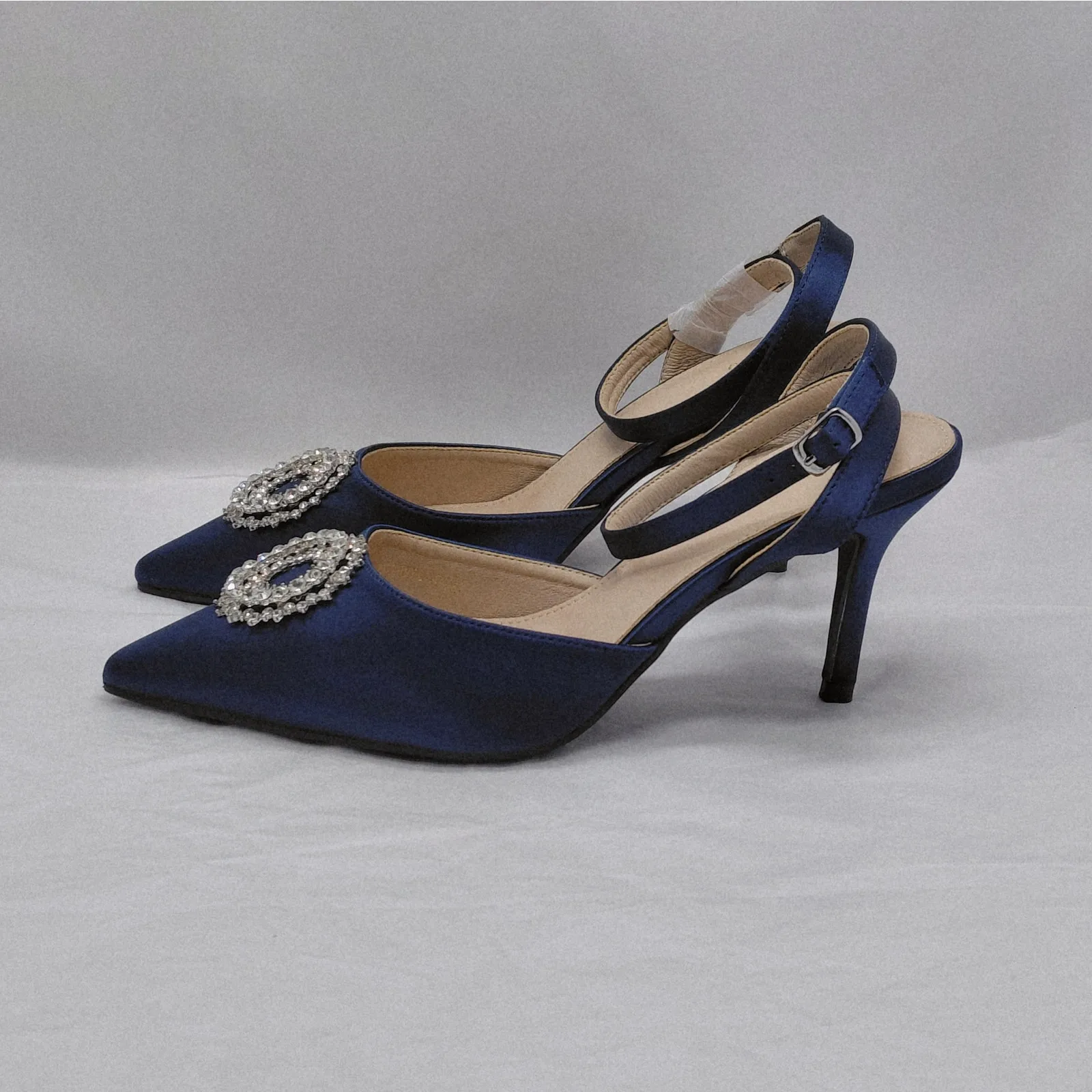 Perphy Womens Heels Size 10 Blue Satin Rhinestone Slingback Cocktail Pumps Shoe - Image 2