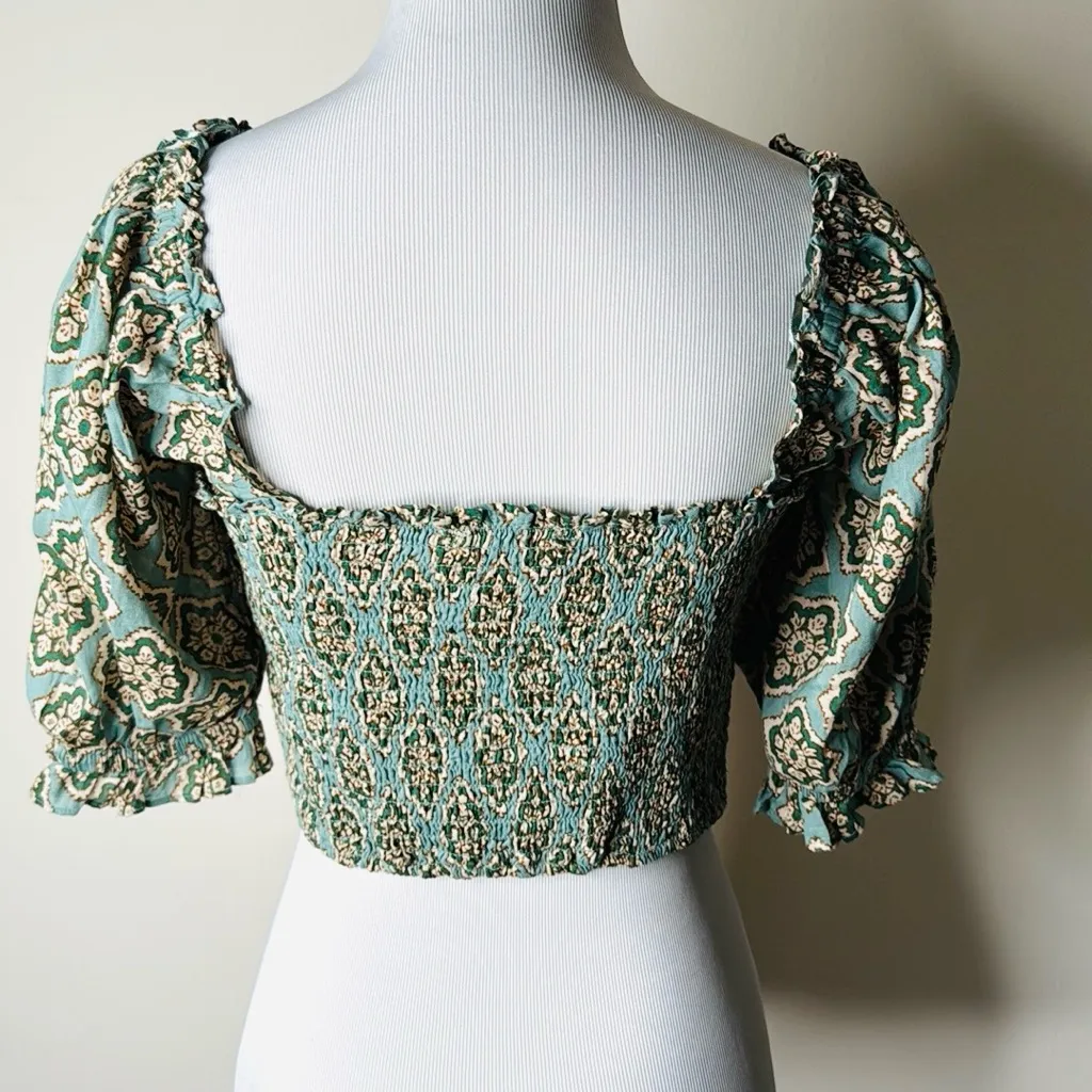 Zara Green Patterned Smocked Puff Sleeve Crop Top - Image 9