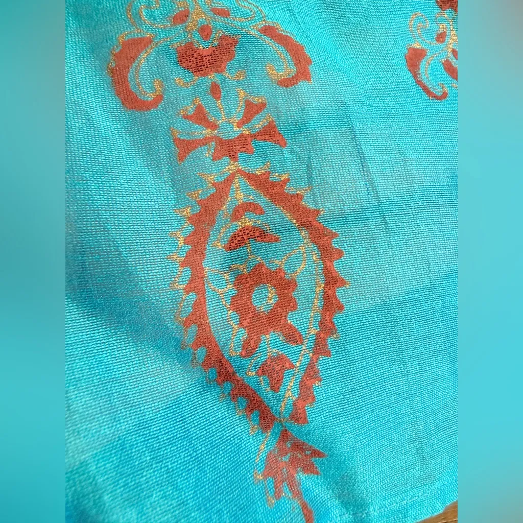 NOVICA India Traditional Dupatta Style Cotton Silk Scarf Gold Teal Paisley 21x77 Blue - Image 5