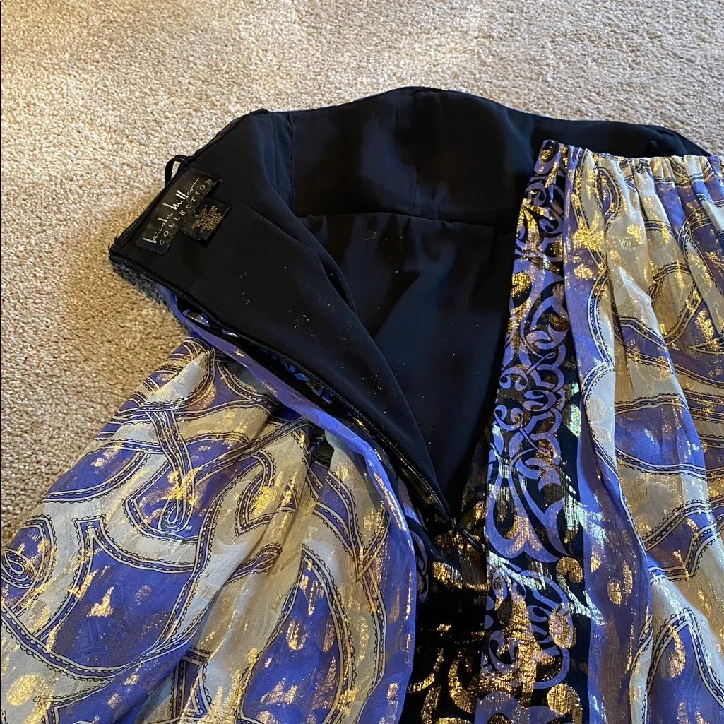 Nicole Miller Collection Silk Lurex Strapless Metallic Lavender Gold Dress 4 Purple - Image 11