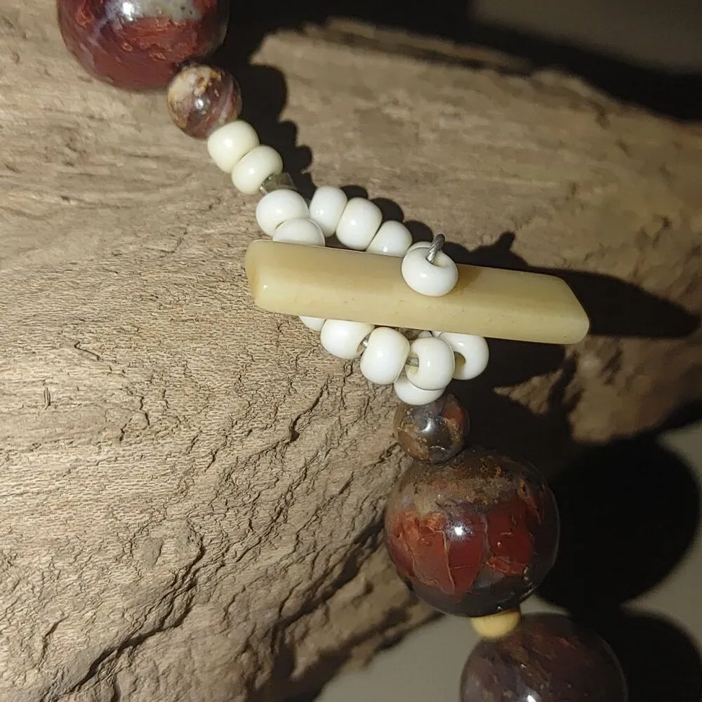Antique Agate Bead Necklace Carved Antler Pendant Deer Elk Artisan Craft Rustic Size 18 - Image 9