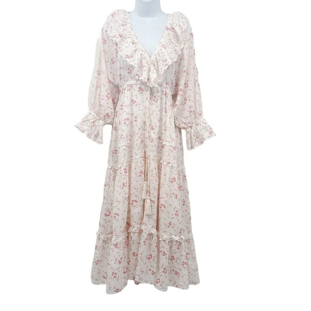 byTiMO Cotton Slub Midi Dress Floral Print Lace Button Down Cottagecore Small - Image 14