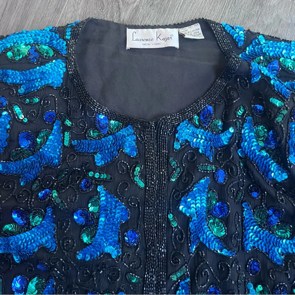 Vintage Laurence Kazar Black and Blue Sequin Beaded Blazer Jacket XL - Image 3