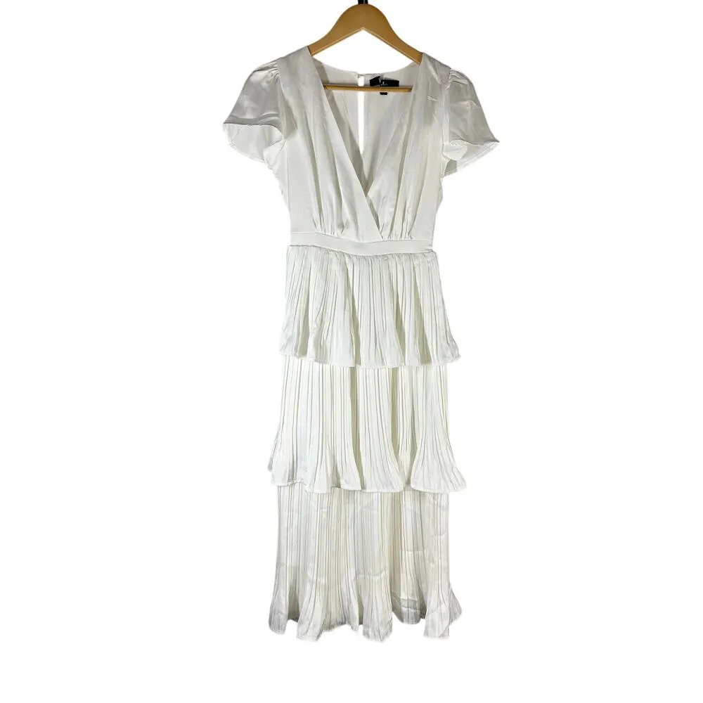 Lulus Twirl-wind Romance White Satin Tiered Midi Dress Size XS - Image 2