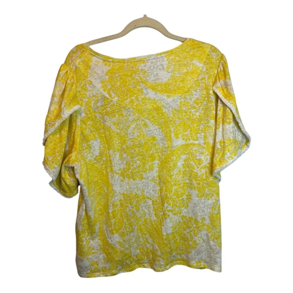 Chico's Blouse Women's Size XL Linen Fringe Yellow White Chicos‎ 3 - Image 2