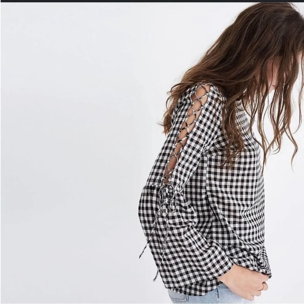 Madewell Women’s Gingham Bell Sleeve Top - 3/4 Tie Sleeve Black &
White S - Image 2