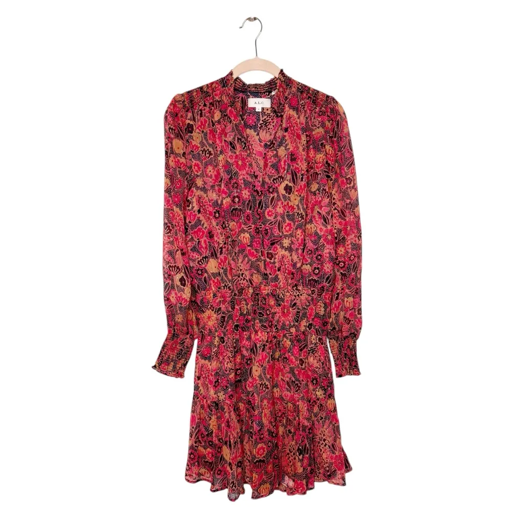 A.L.C. SILVIE METALLIC SILK BLEND FLORAL SMOCKED DRESS SZ 4 - Image 12