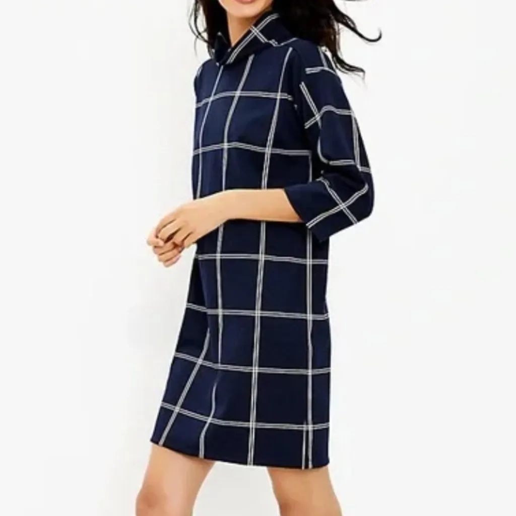 NEW NWT ANN TAYLOR LOFT Windowpane Funnel Neck Tunic Dress Navy Blue 3/4 Sleeve - Image 3
