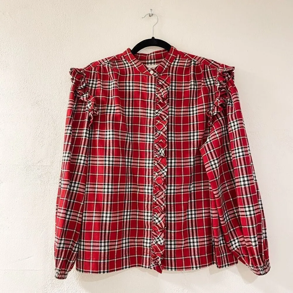 Something Navy Flannel Plaid Ruffle in Shirtred Small - Image 2