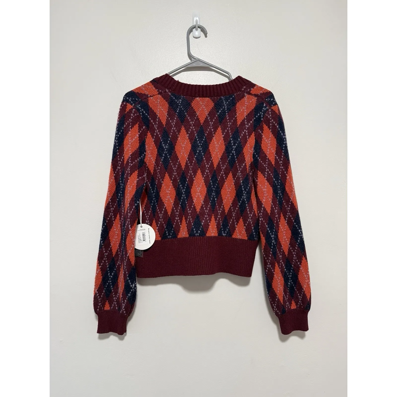 Staud NWT Knave Bordeaux Argyle Cardigan Sweater Size XS - Image 8