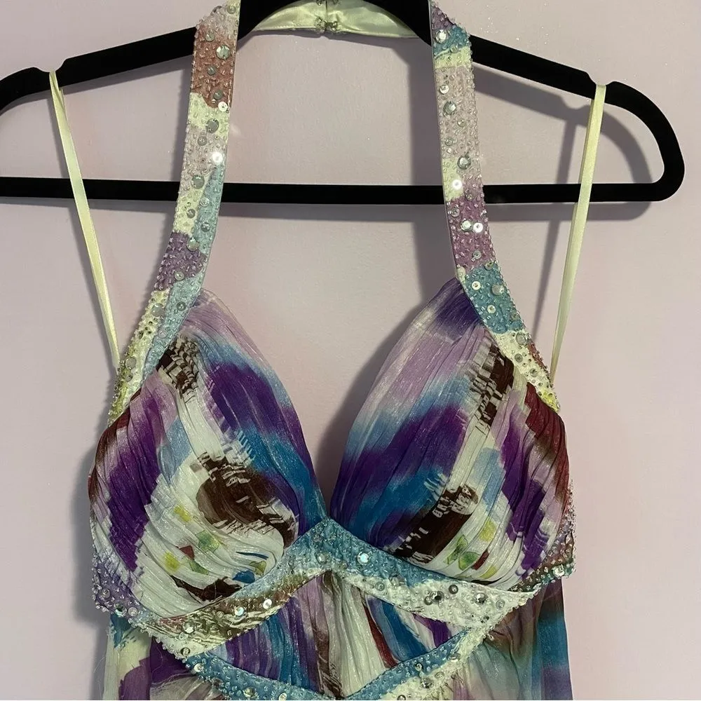 B Darlin Prom Dress Size 9 10 Halter Beaded Satin Maxi Purple Blue Chiffon - Image 2