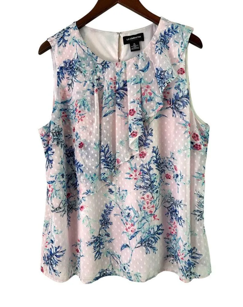 Liz Claiborne Floral Ruffle Sleeveless Blouse Career Top XL - Image 2