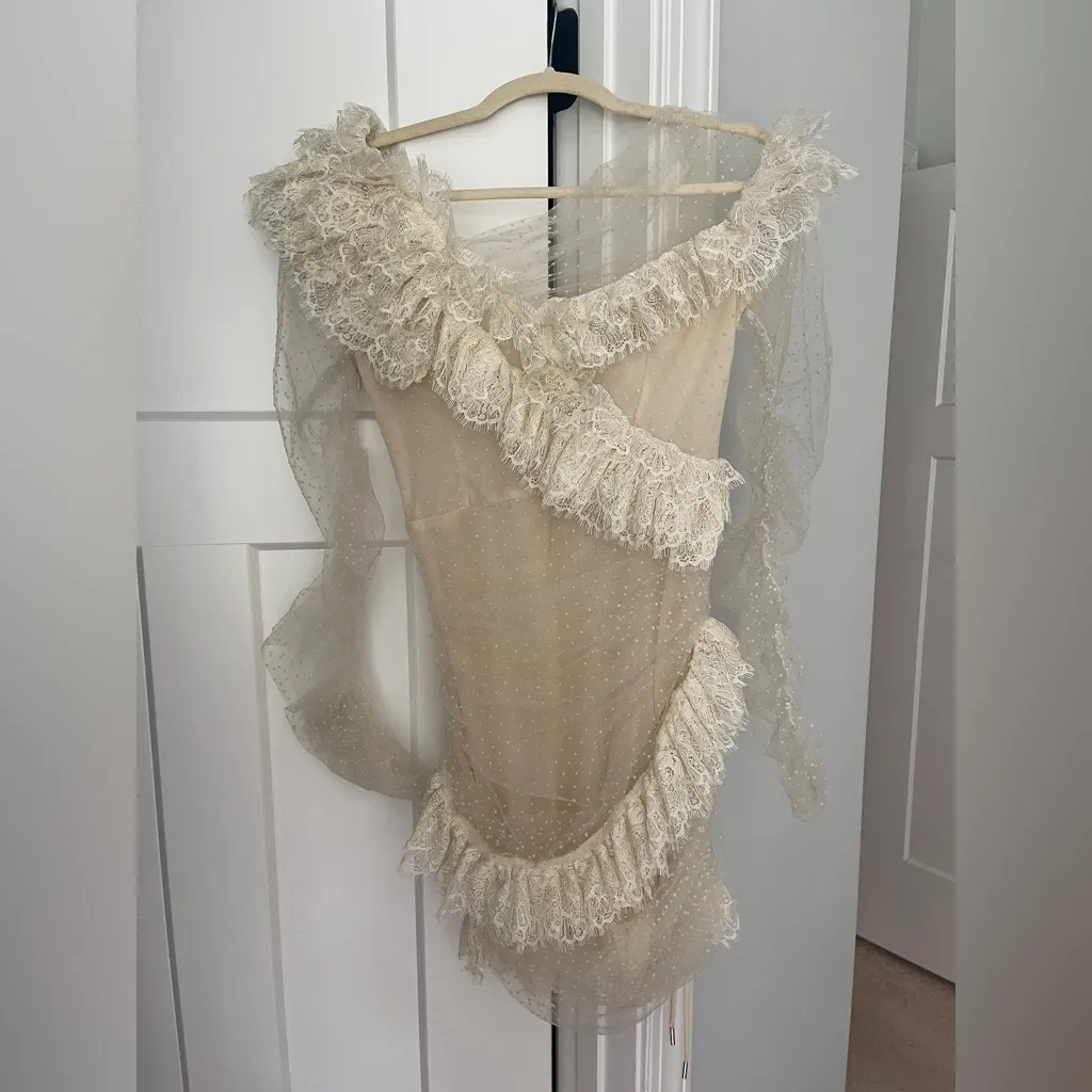 House of CB SORREL Ivory Lace Frill Mini Dress sheer Long Sleeve Polka Dot - Image 4