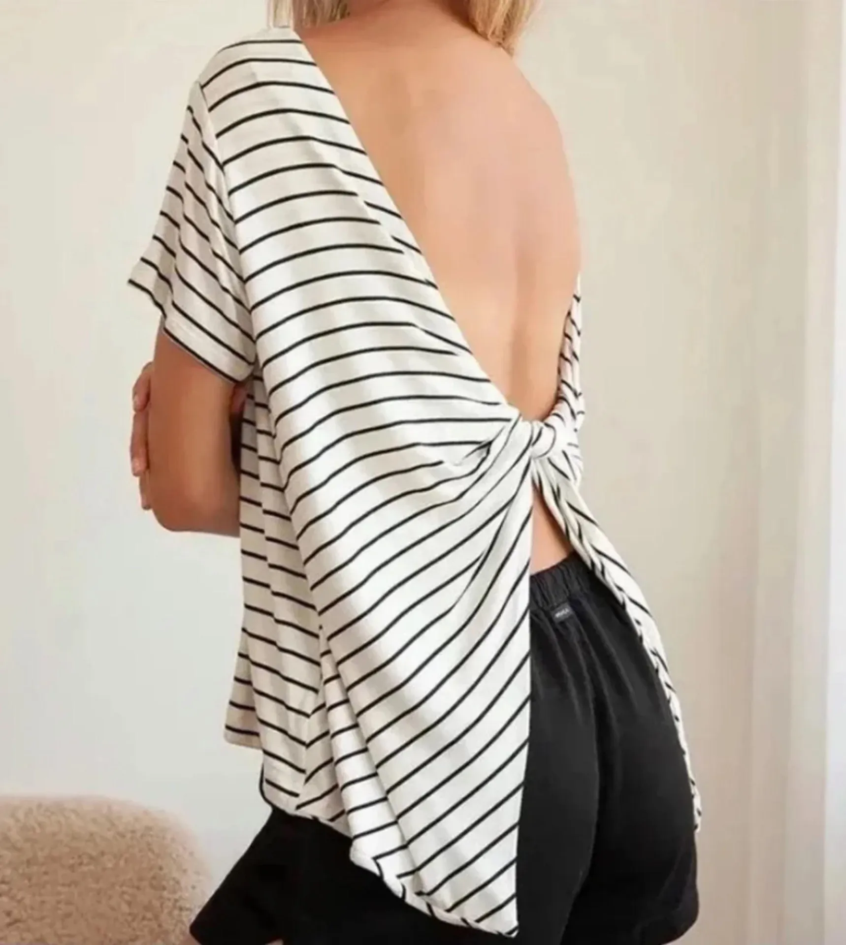 Lulus Boca Black & Ivory Striped Twisted Back Tee, XS - Image 3