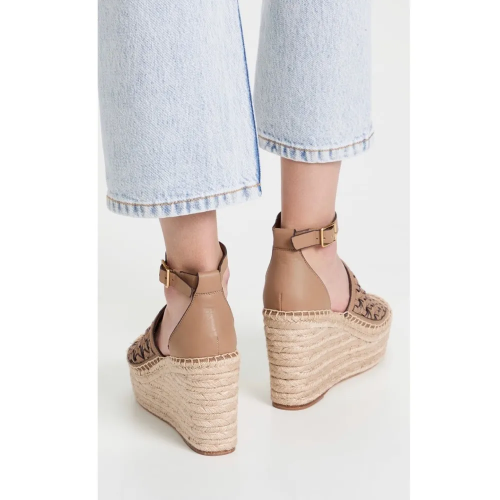 Tory Burch Basketweave Espadrille Ankle Strap Wedges Leather Size 10M New in Box - Image 5