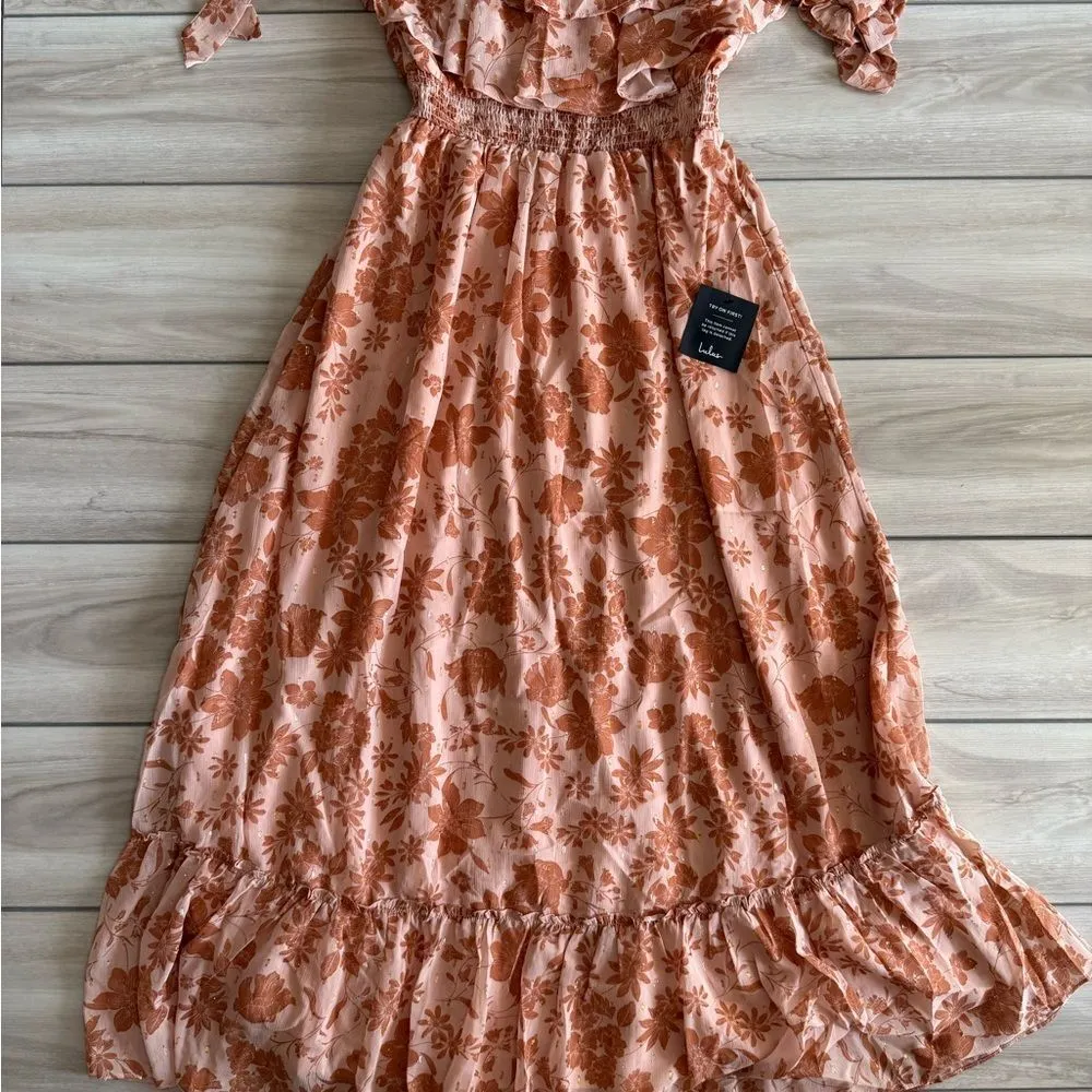 Lulus Love & Blooms Blush Floral Print Off Shoulder Dress M Peach NWT IN PKG - Image 5