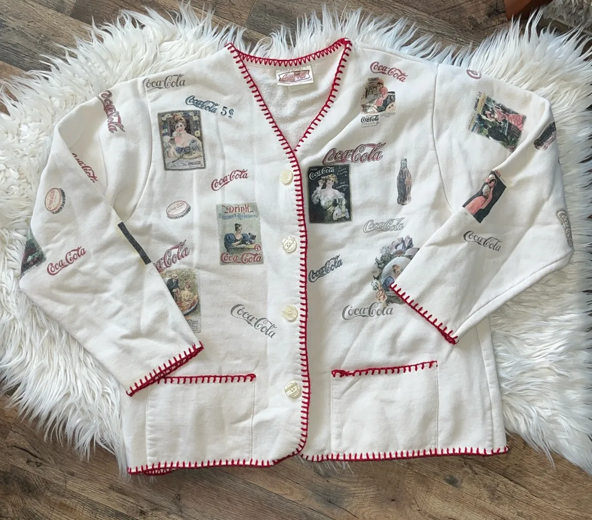 vintage 80sCoca-Cola women's cream button-up cardigan sweater with red stitching - Image 1