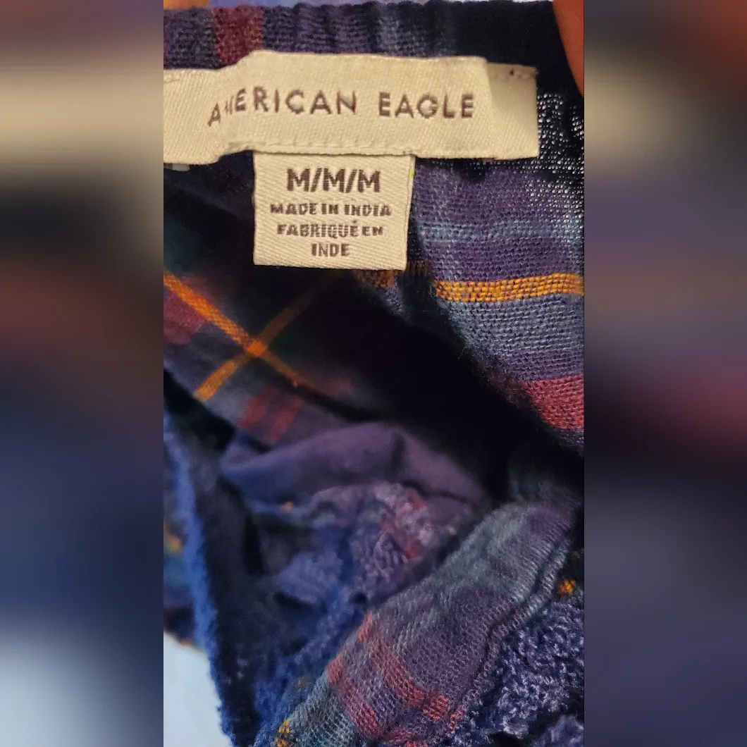American Eagle Outfitters Blue Plaid Crochet Peasant Boho Top Women’s M Long Sle - Image 4