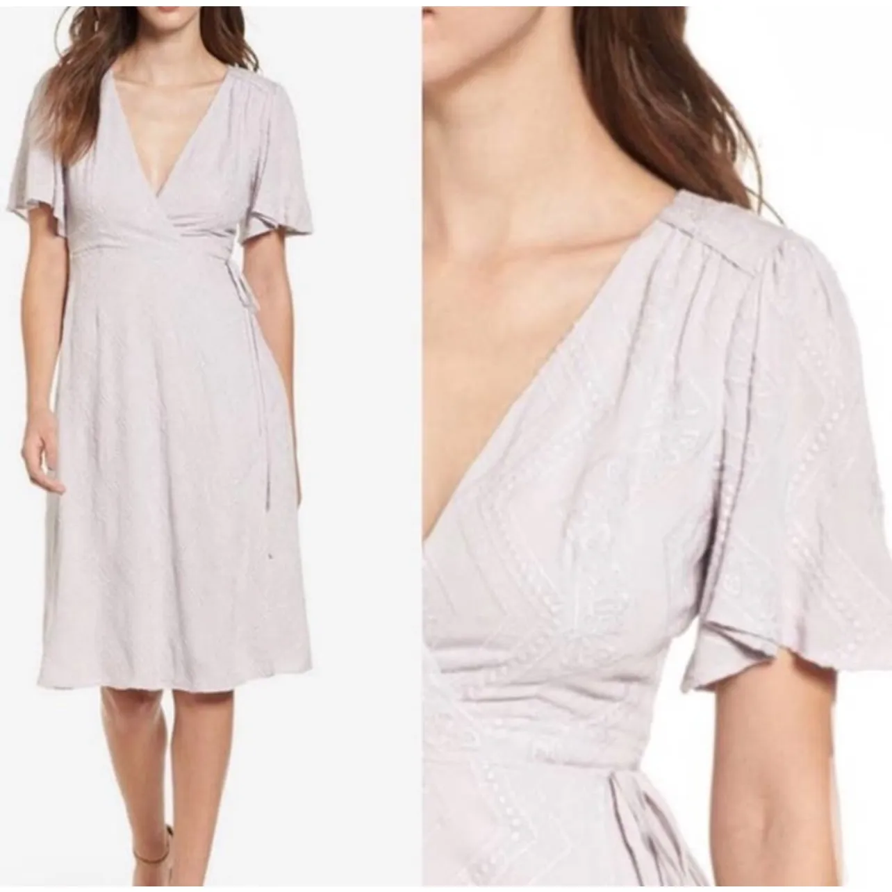 ASTR Womens Modest Embroidered Short Sleeve Tie Wrap Midi Dress‎ Size S Lavender - Image 2