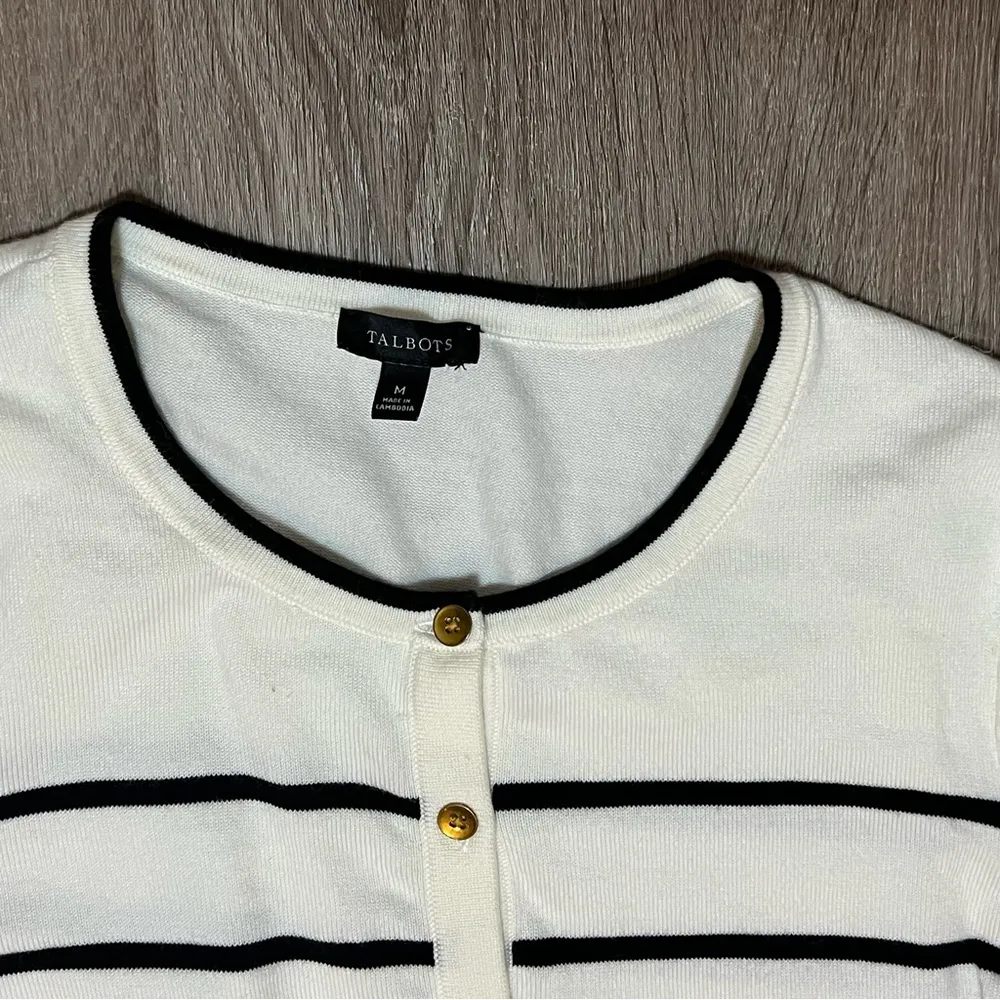 Talbots Black Ivory Striped Cardigan Puff Sleeve Sweater Size M Prep Careerwear​ - Image 4