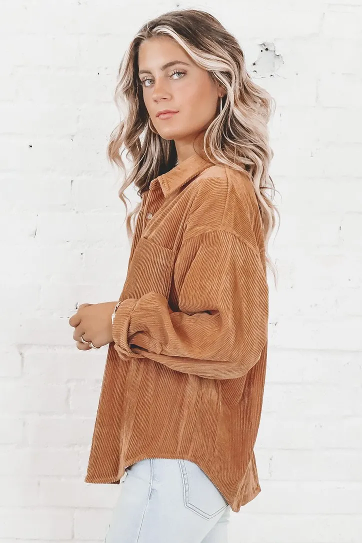 Amazing Lace  CAMEL CORDUROY BUTTON UP - Image 8