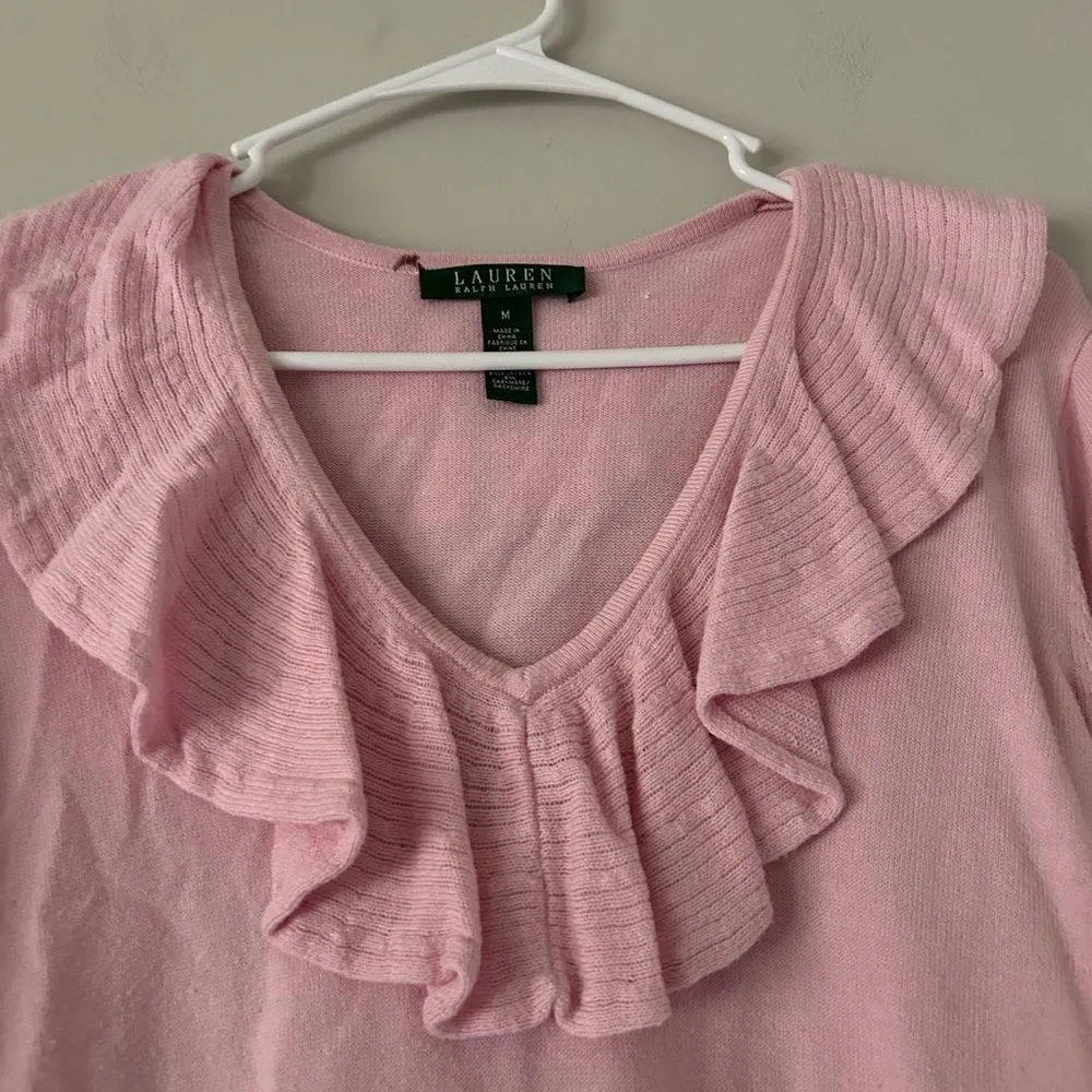 Lauren Ralph Lauren Pink Ruffle Collar Blouse Top Size Medium Preppy Workwear - Image 4