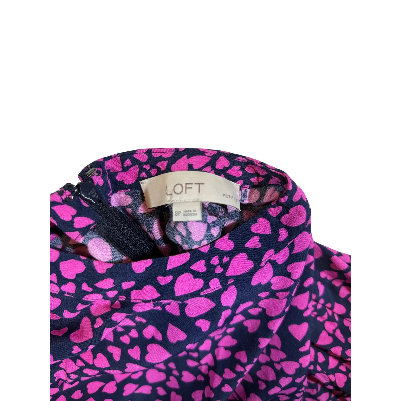 Loft Petite Pink Navy Heart Print Long Sleeve Mock Neck Fit Flare Dress Size 8P - Image 3