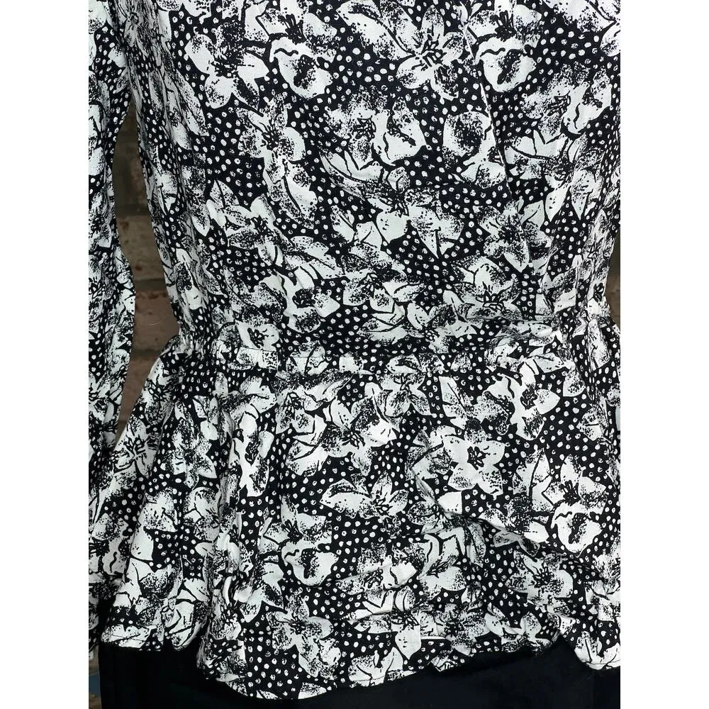 dress V neck peplum floral belt black white shoulder pads Surplice top Size M - Image 8