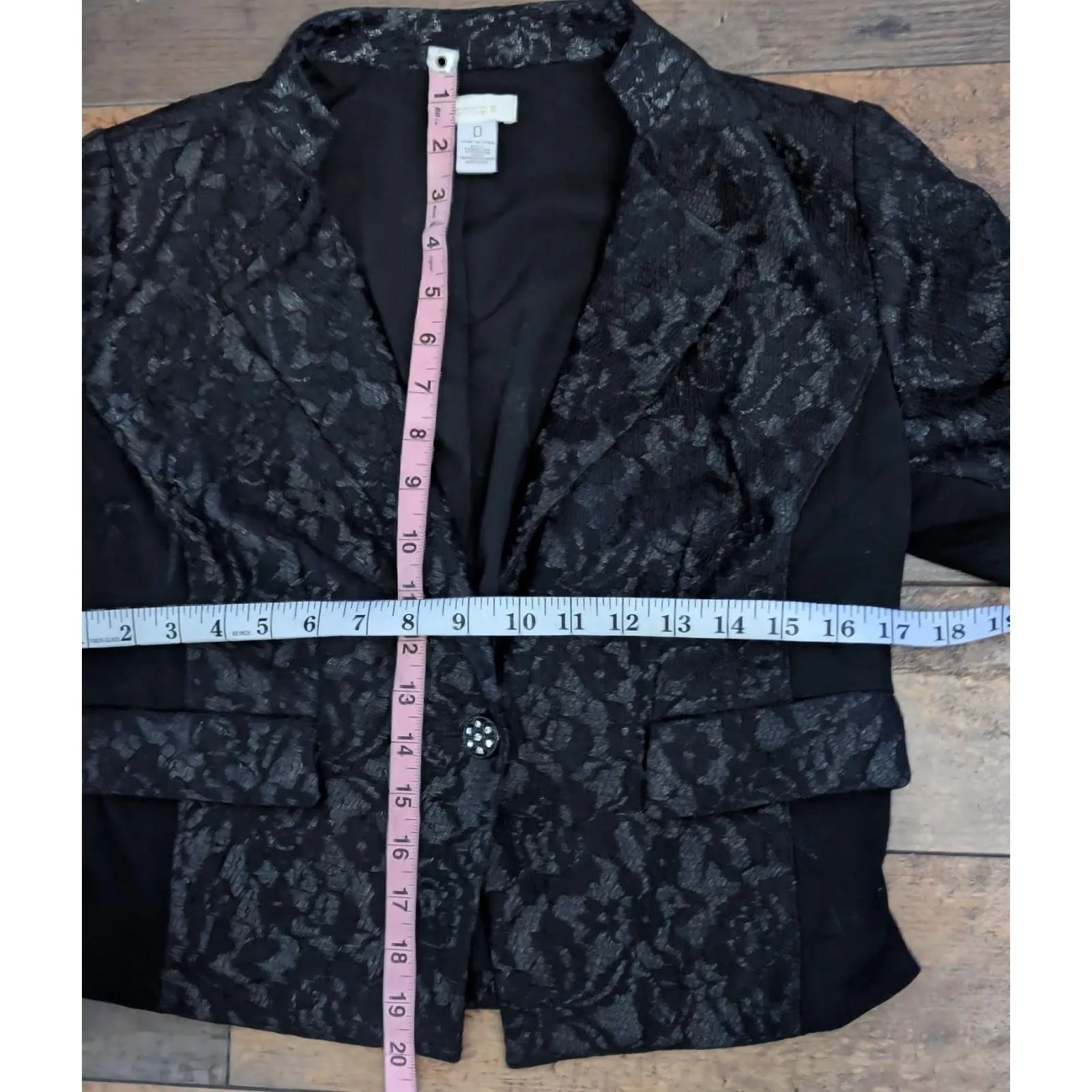 Chico's Black Metallic Lace Cropped Blazer Jacket Rhinestone Button S/4 Cocktail - Image 4