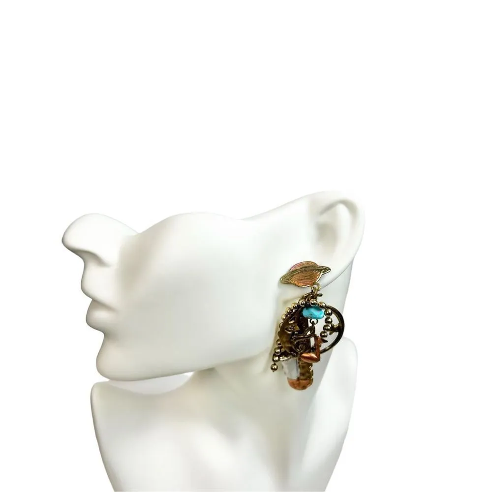 Saxophone, moon and Saturn charm dangle earrings copper gold and blue hue music - Image 2