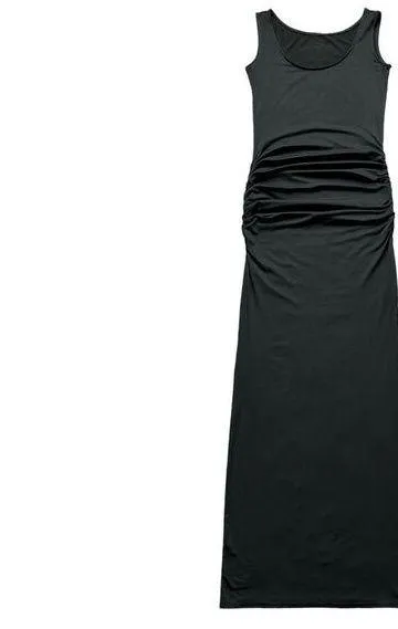 🔃Black Scoop Neck Ruched Sleeveless Split Slit Hem Bodycon Maxi Tank Dress Black Size XS - Image 1
