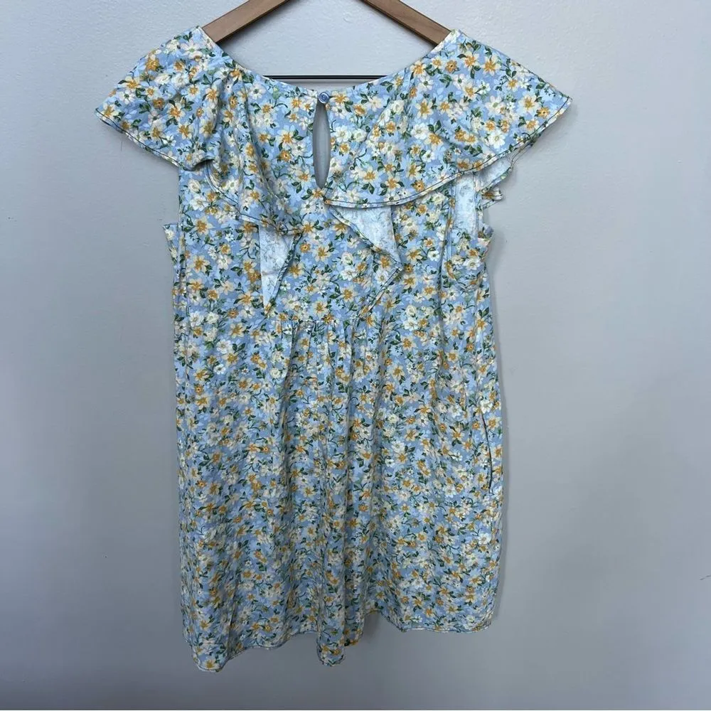 Hem & Thread NWT Peony Floral Ruffle Mini Dress Blue and Yellow Linen Size Small - Image 10