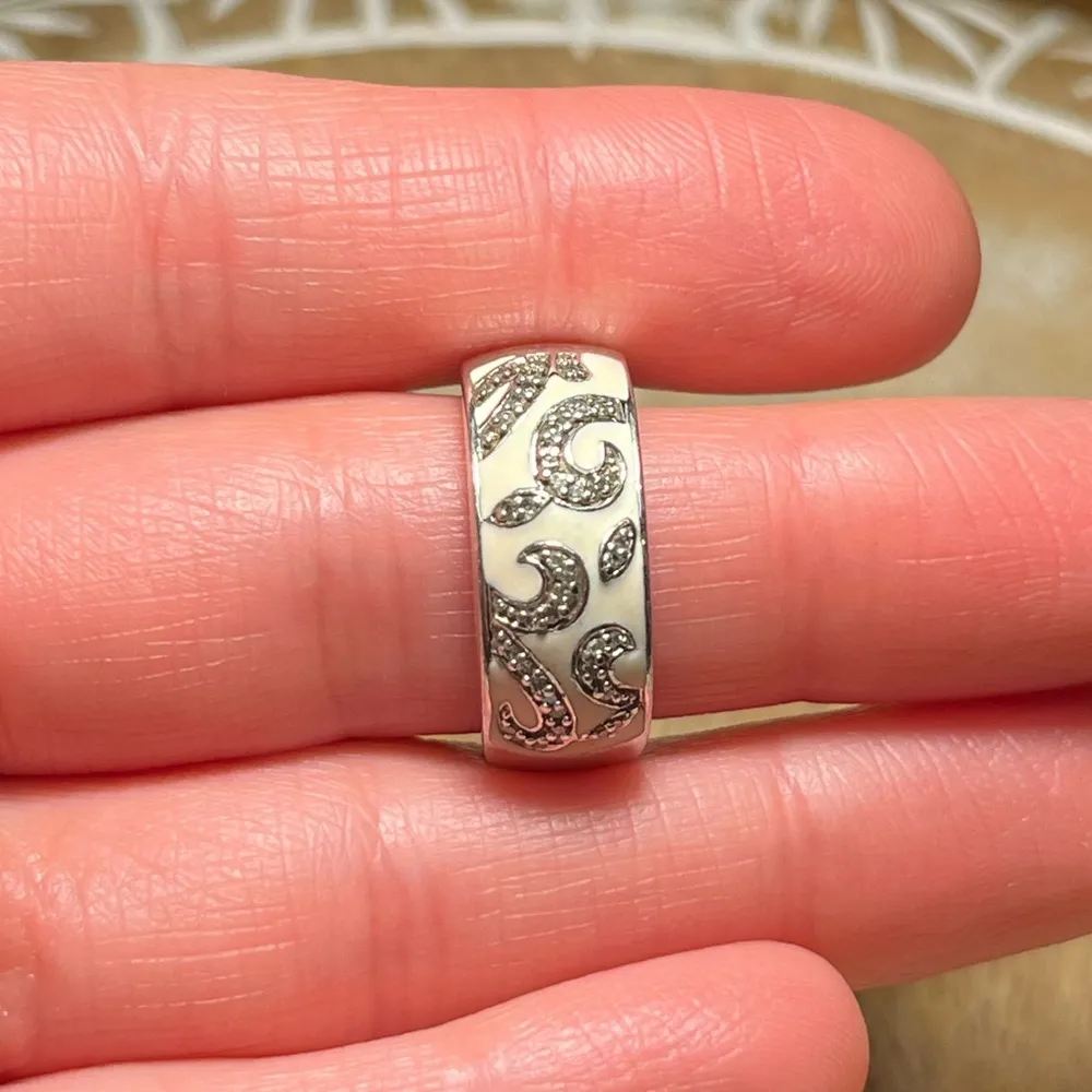 JWBR Artisan White Enamel & Diamond Floral Scroll 925 Sterling Silver Band Ring - Image 14